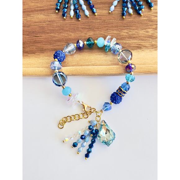 Swarovski Beaded Bracelet & Earrings Set – Blue & Gold Women’s Jewelry Gift - Picture 6 of 15